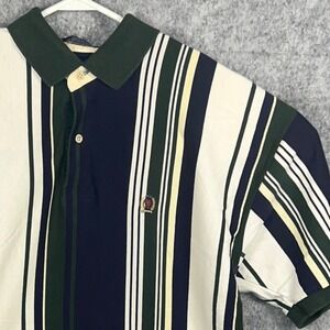 Tommy Hilfiger Men's Large Polo Shirt Vintage Vertical Stripe Crest Navy Green